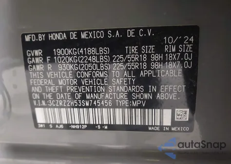 2025 Honda Hr-V Awd Sport from USA, damaged, VIN 3CZRZ2H53SM745456